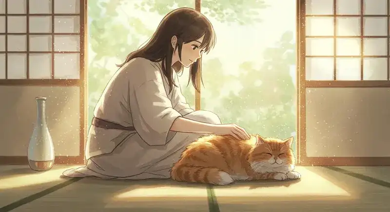 女性と猫のツーショット、猫が膝の上で丸まっている。
