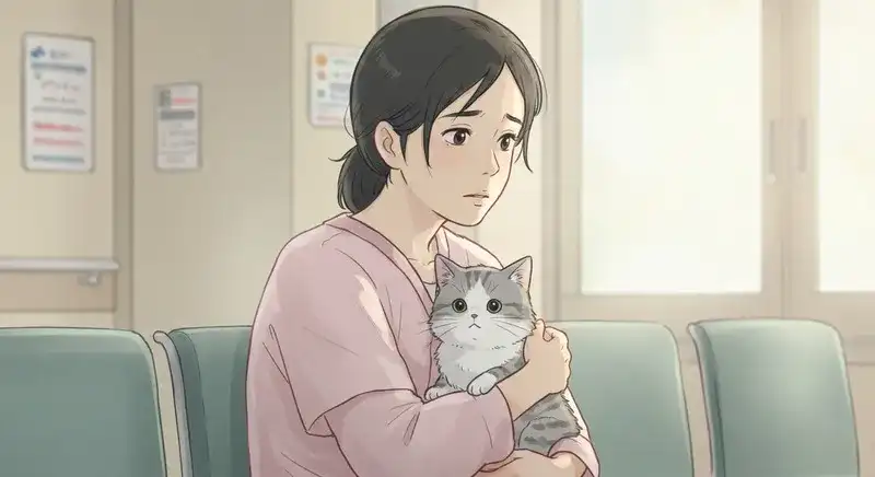 猫を抱えた女性が病院で座る