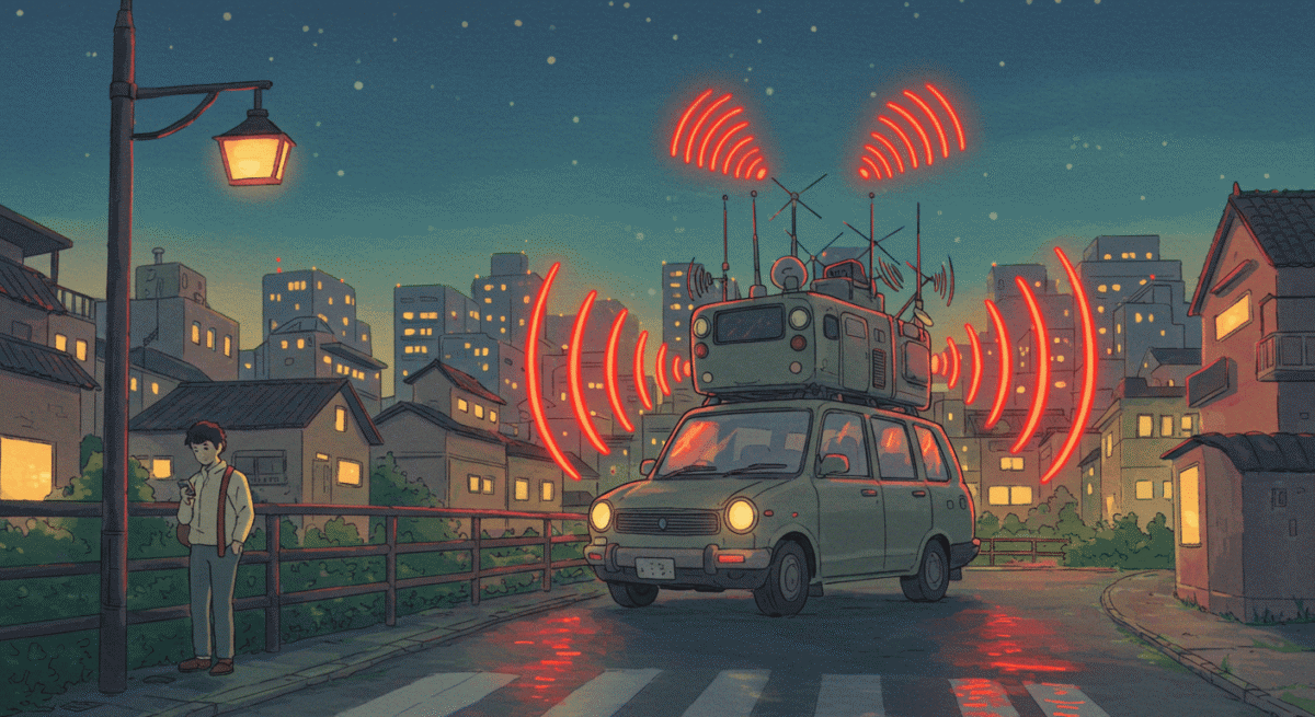 )電波を発する怪しい車とスマホを使う人