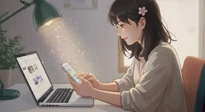 PCとスマホを捜査している女性