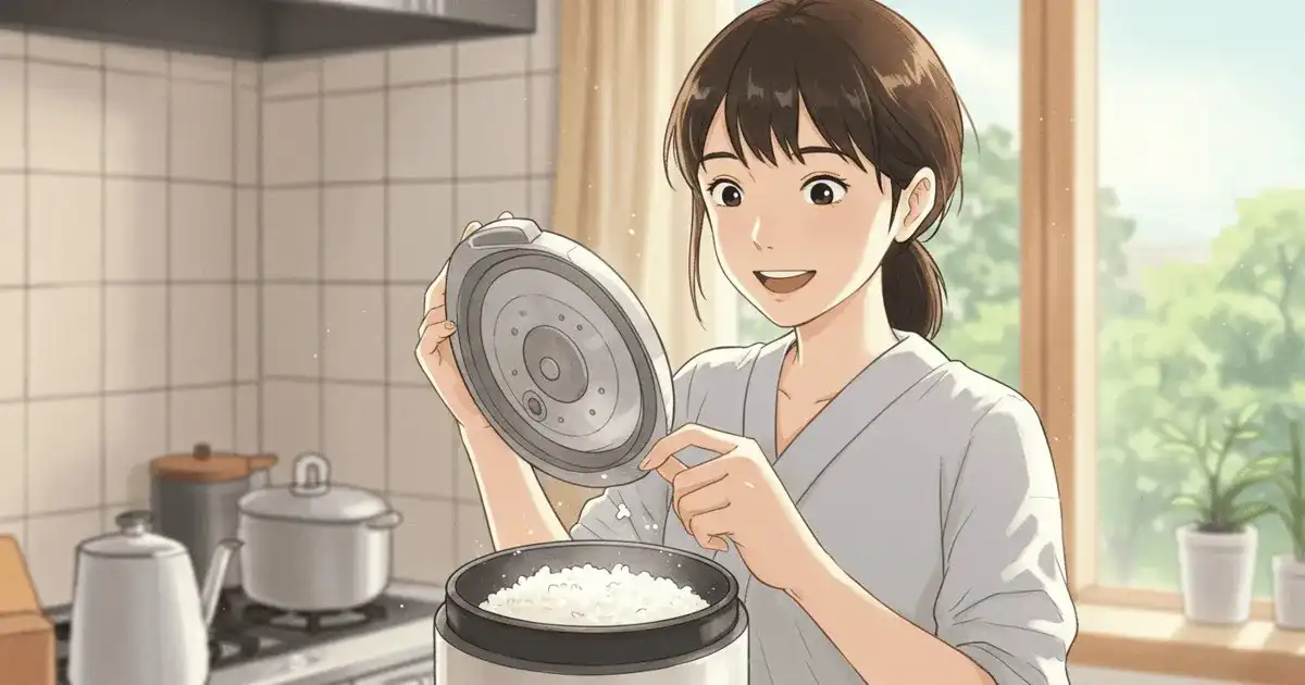 完璧に炊けたご飯に喜ぶ女性