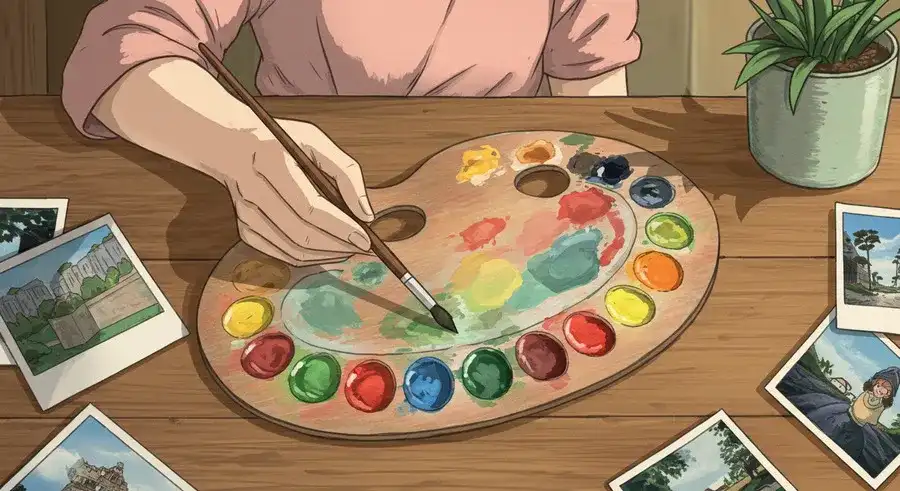 パレットで絵の具を混ぜる手元。Whiskの使い方のイメージ。