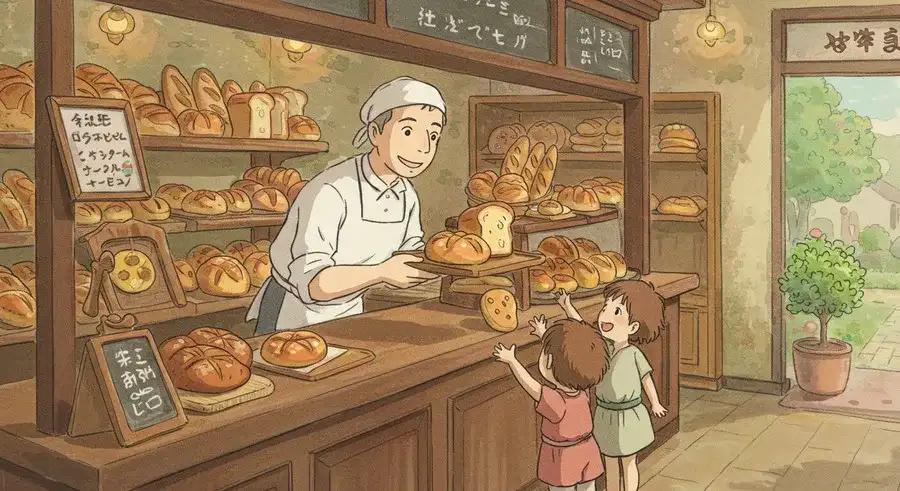 パン屋さんで試食のパンを受け取る子供-